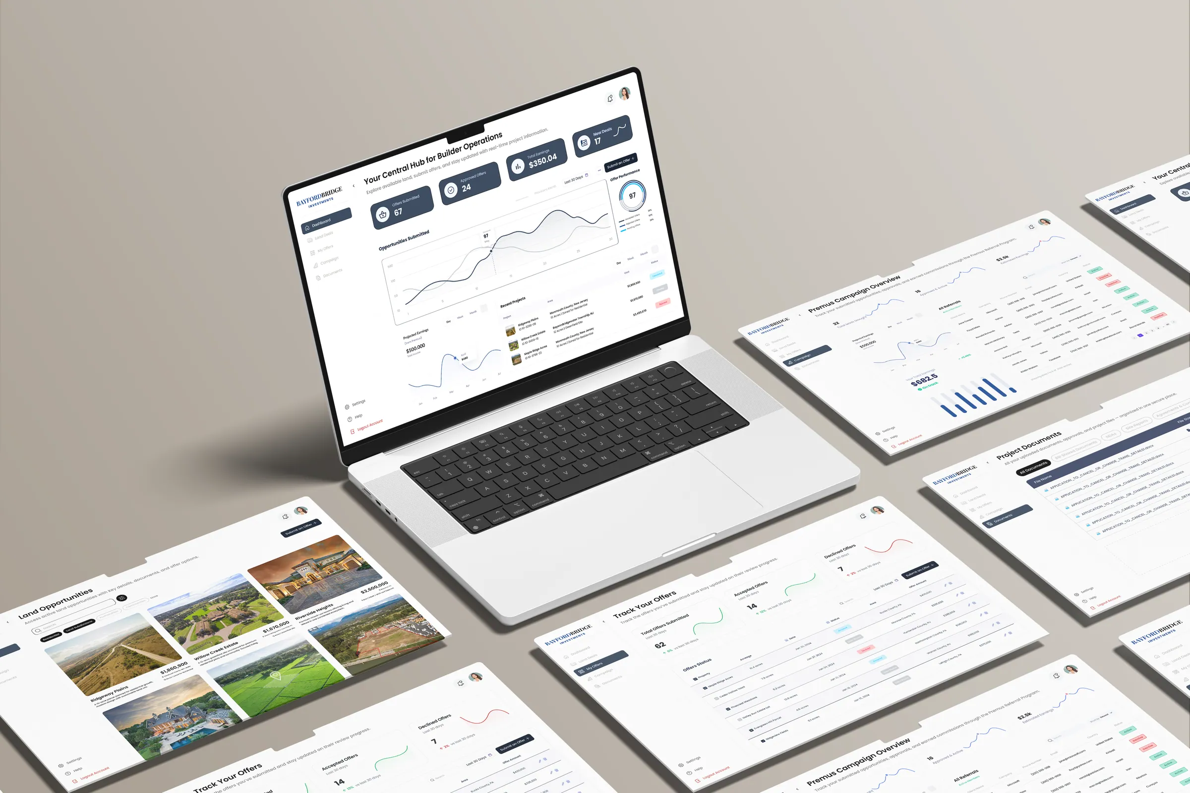 Land listings portal dashboard screens around a laptop