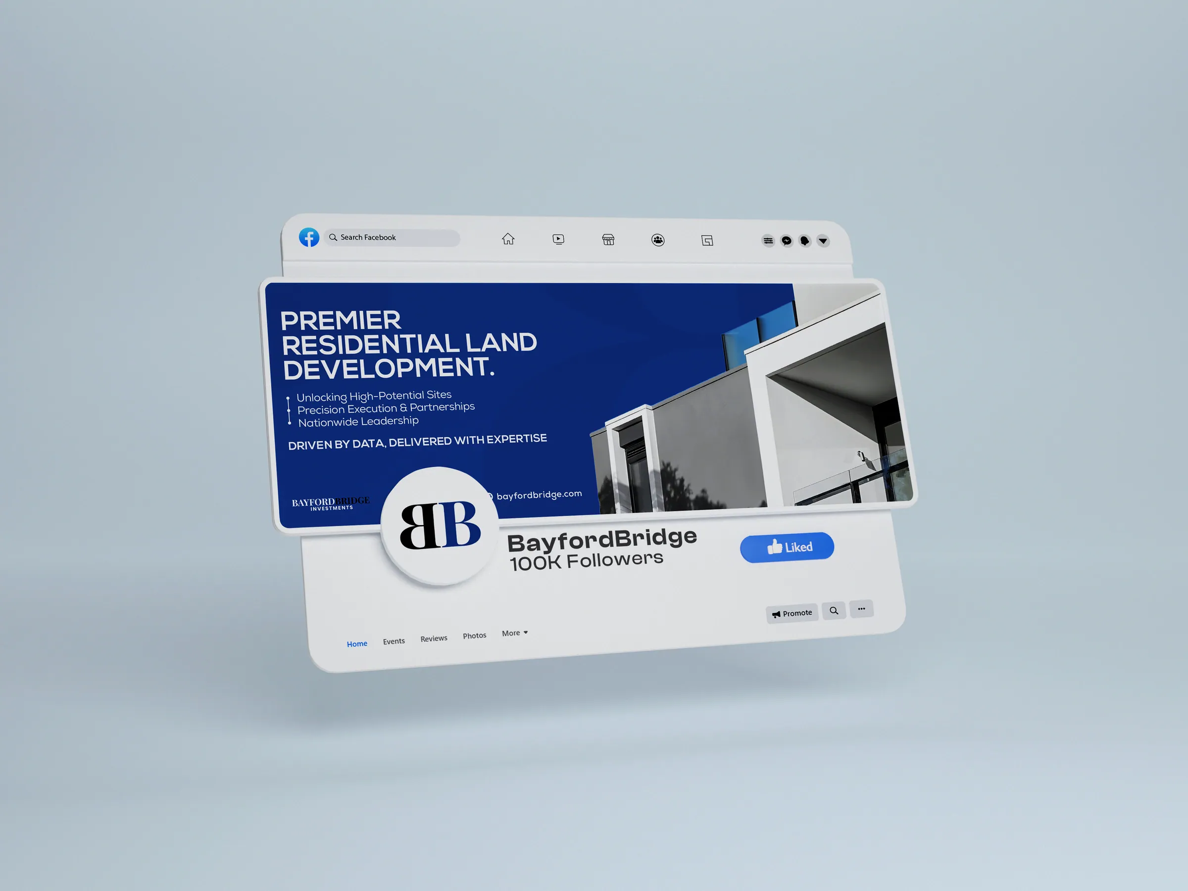 BayfordBridge company page cover on a laptop screen
