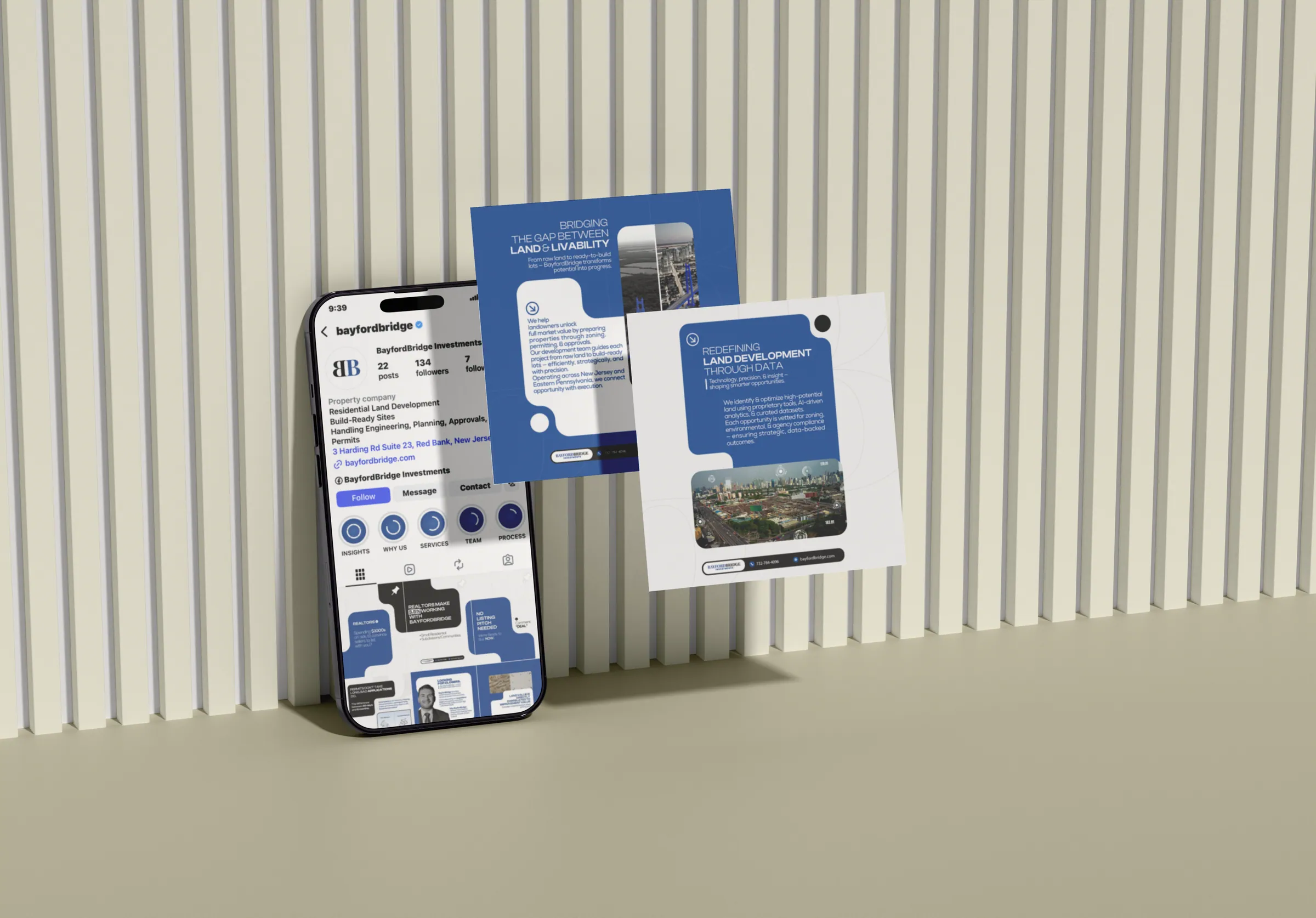BayfordBridge social feed on a phone beside printed posts