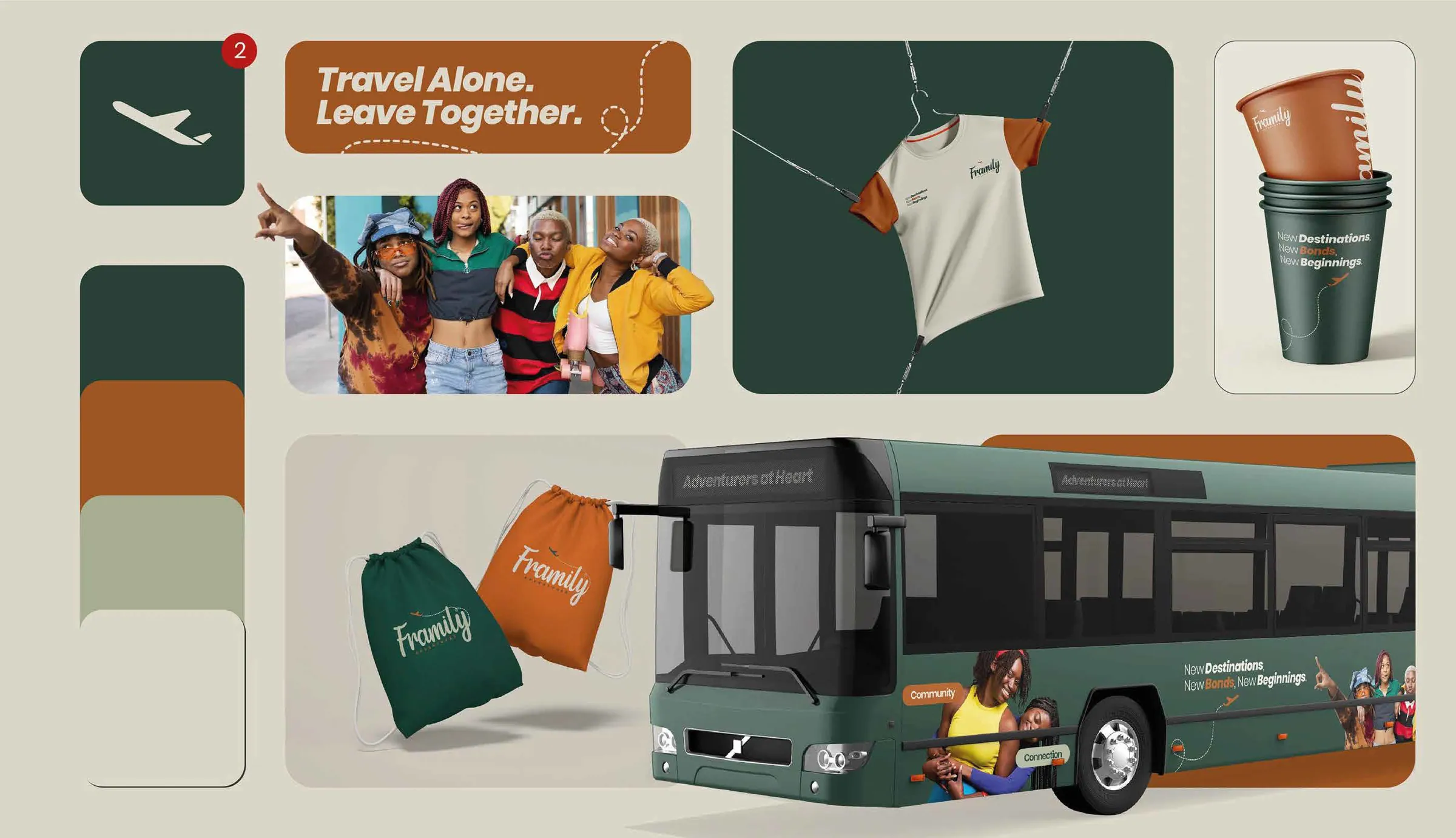 Framily brand applications: bus, tote, cups and shirt
